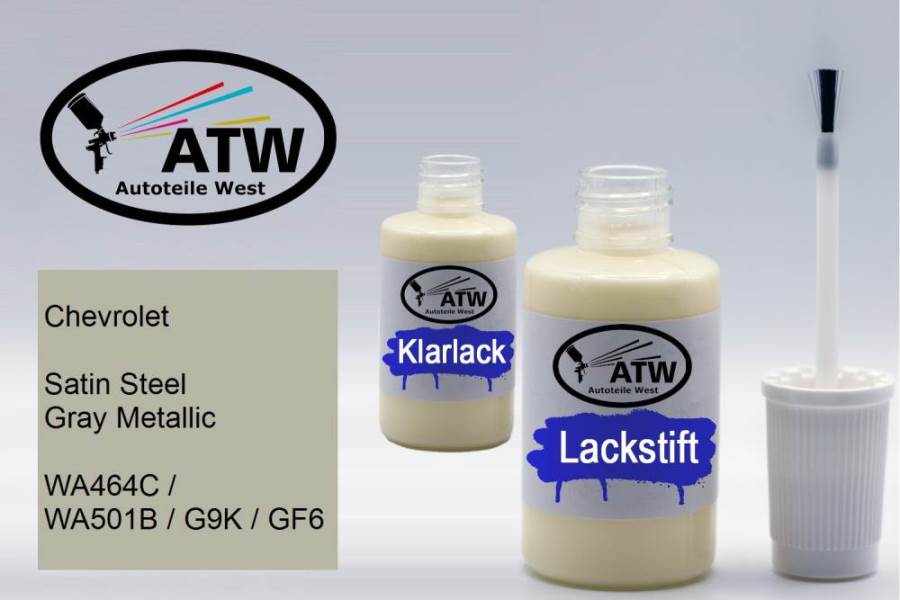 Chevrolet, Satin Steel Gray Metallic, WA464C / WA501B / G9K / GF6: 20ml Lackstift + 20ml Klarlack - Set, von ATW Autoteile West.